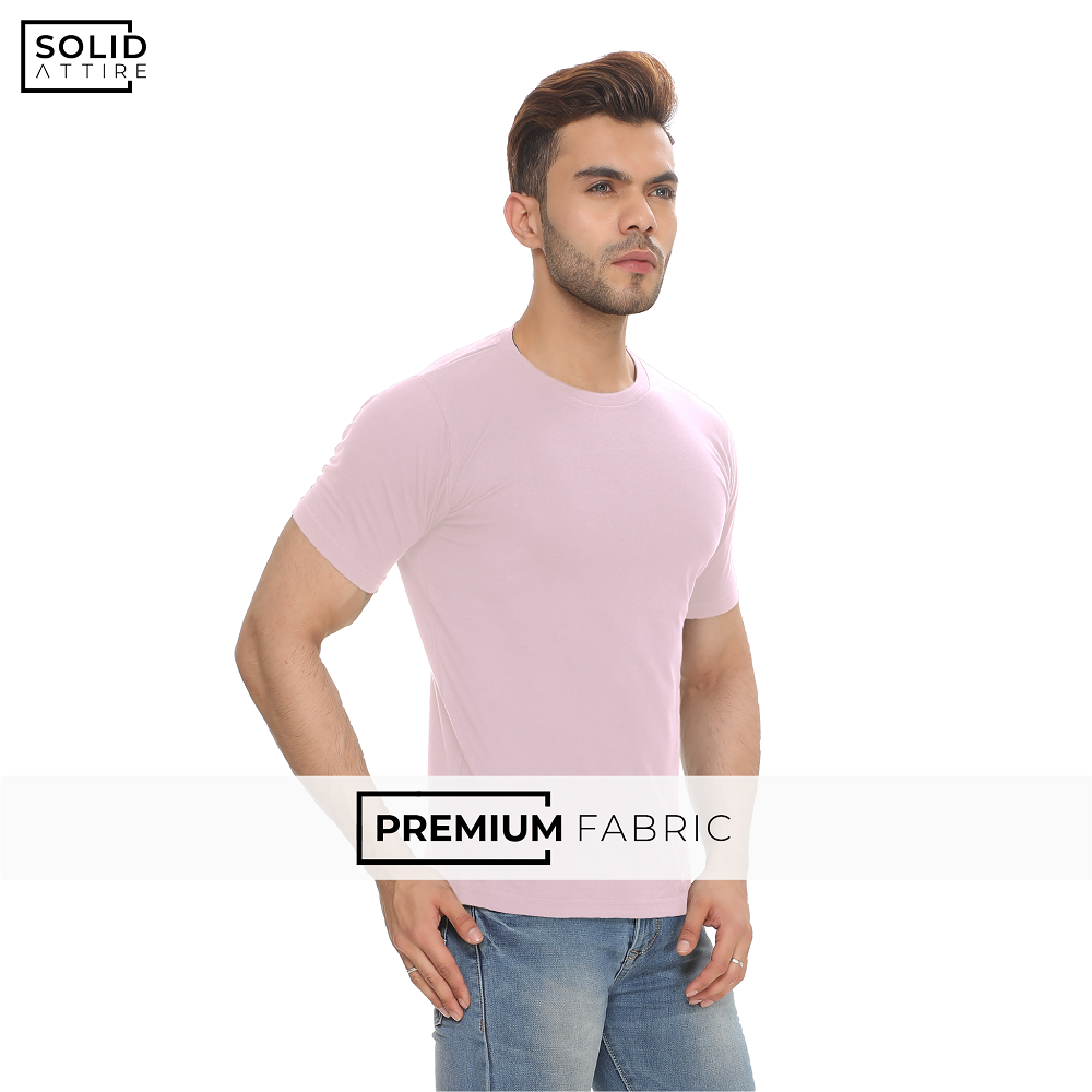 Men's Round Neck Solid Baby Pink T-shirt