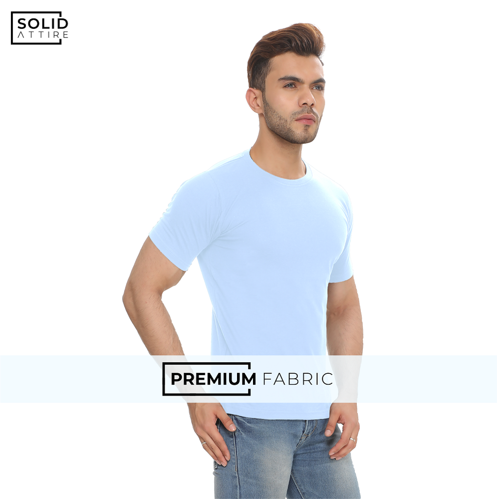 Men's Round Neck Solid Light Sky Blue T-shirt