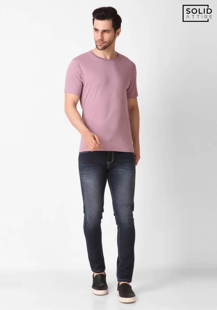 Men's Round Neck Solid Mauve T-shirt