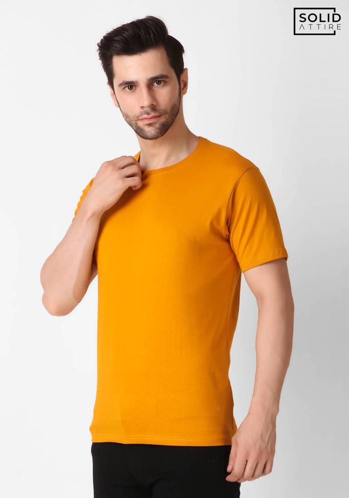 Men's Round Neck Solid Mustard T-shirt
