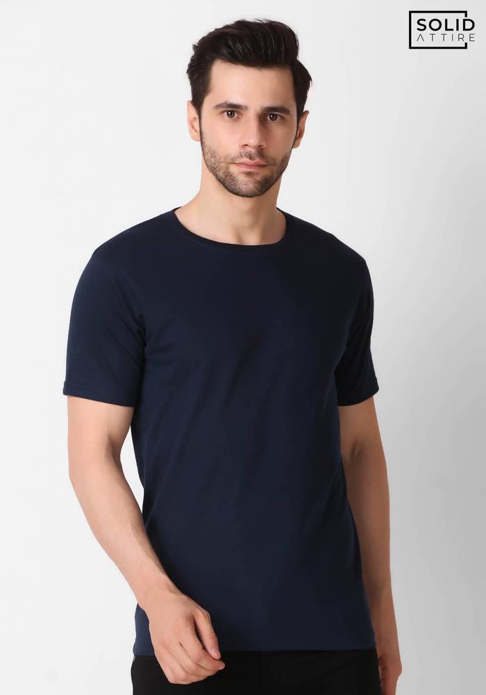 Men's Round Neck Solid Navy Blue T-shirt