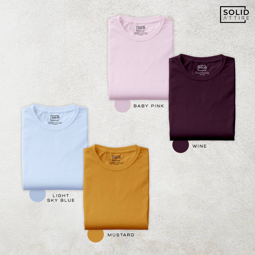 Combo of Baby Pink, Light Sky Blue, Mustard, Wine T-Shirt: Pack Of Four