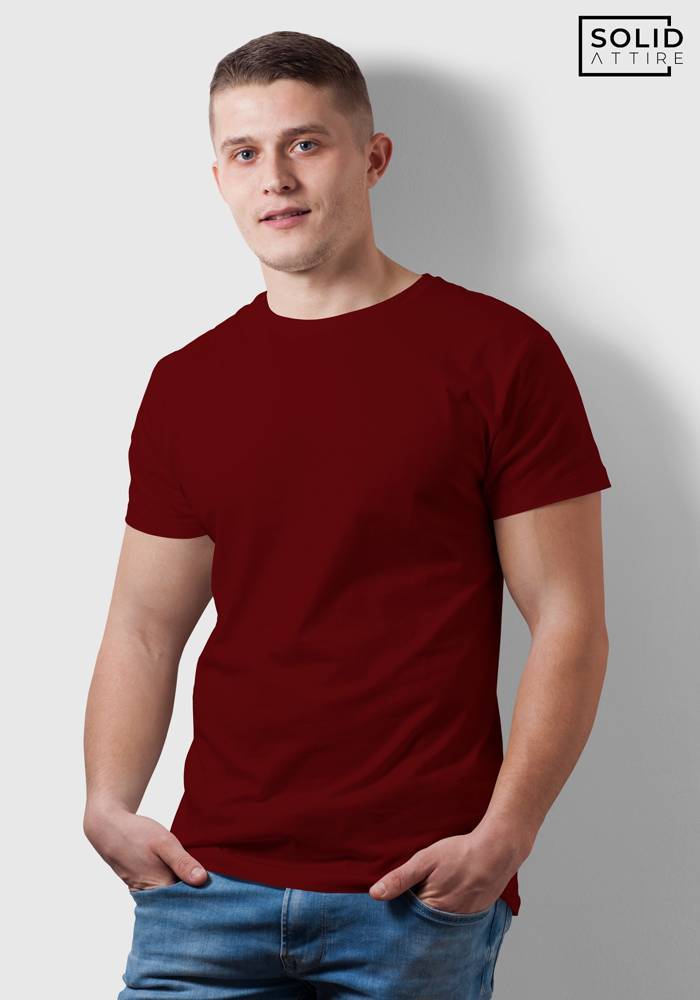 Men's Round Neck Solid Maroon T-shirt