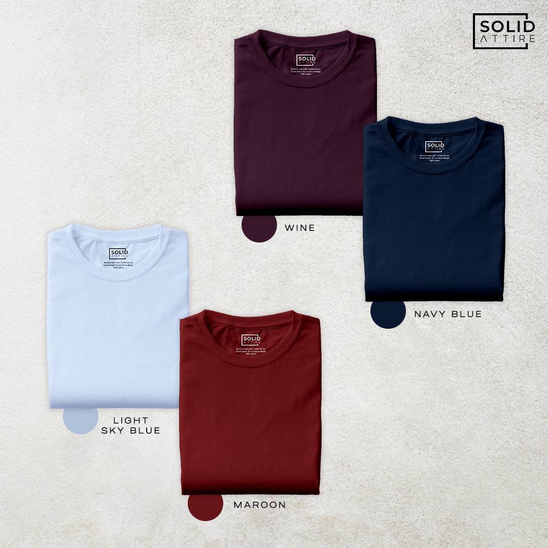 Combo of Light Sky Blue, Maroon, Navy Blue, Wine T-Shirt: Pack Of Four