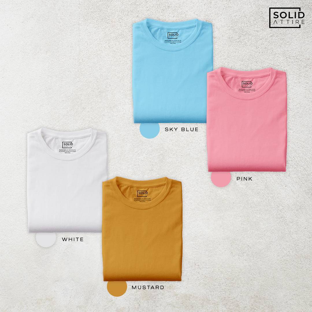 Combo of Mustard, Pink, Sky Blue, White T-Shirt: Pack Of Four